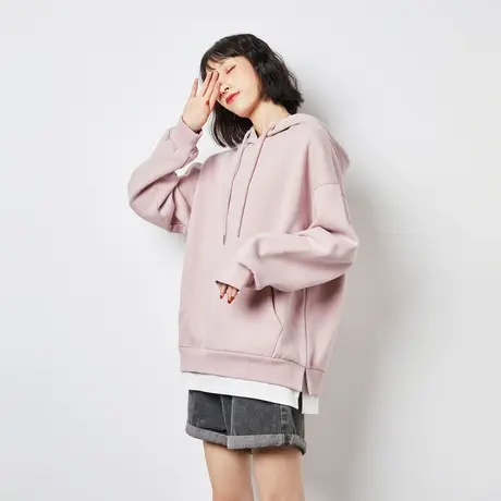 唐狮秋冬季新款假两件卫衣女加绒连帽韩版宽松慵懒上衣红色ins潮图片