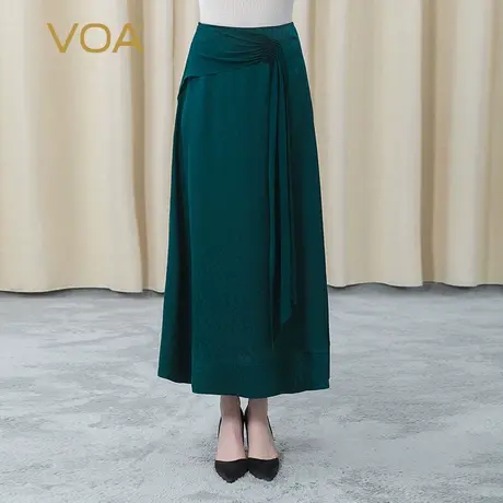 VOA真丝暗纹提花乔其拼接不对称褶皱立体装饰熟女桑蚕丝半身裙图片
