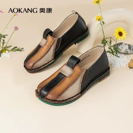 奥康女鞋 春季透气女士一脚蹬单鞋平底舒适拼色复古民族风潮图片