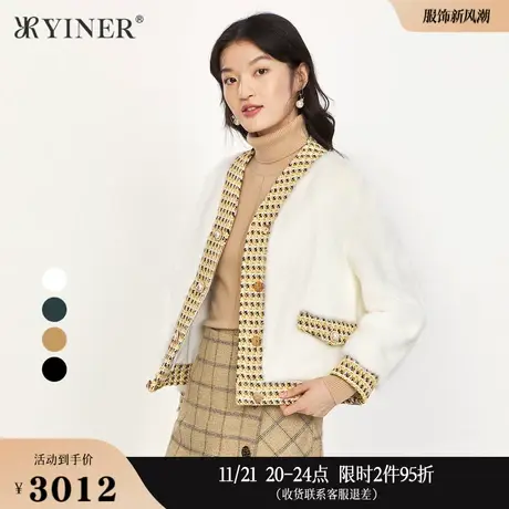 YINER音儿奥莱女装冬季新年系列短款V领水貂毛皮草保暖短外套商品大图