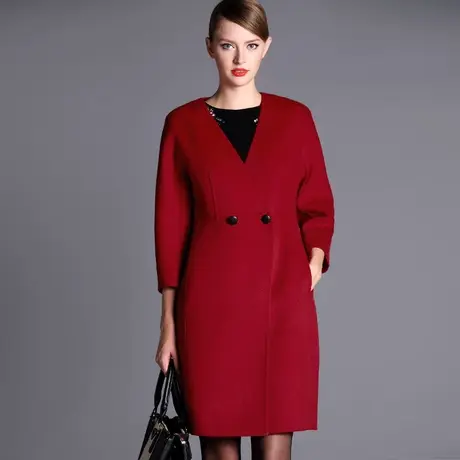 【1件7.9折】冬 V领两粒扣七分袖廓形手工双面羊毛呢大衣图片