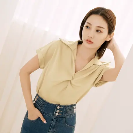 桔熊夏季通勤不易皱微光泽感翻领宽松短袖衬衫上衣女大码AB18477商品大图