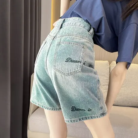 刺绣牛仔短裤女夏季2024年高腰a字显瘦复古中裤直筒宽松五分裤子商品大图