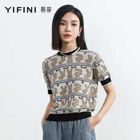 Yifini/易菲宽松圆领短袖条纹针织衫女夏装新款休闲印花上衣商品大图