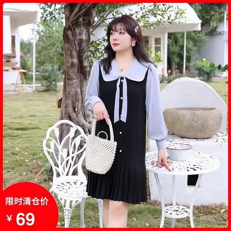 2023年秋季新款减龄娃娃领连衣裙显瘦胖MM大码学院风直筒百褶裙商品大图