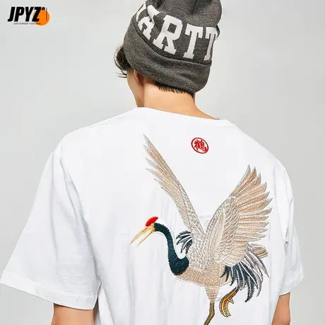 中国风仙鹤刺绣男t恤潮牌潮流纯棉大码半截袖男士短袖夏季装宽松商品大图