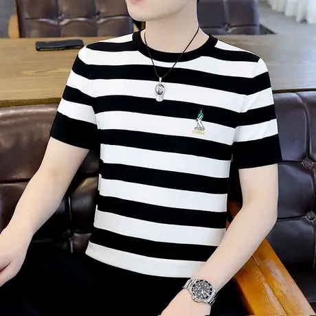 黑白撞色拼接宽条纹t恤男短袖夏季圆领潮流冰丝感薄款针织打底衫商品大图