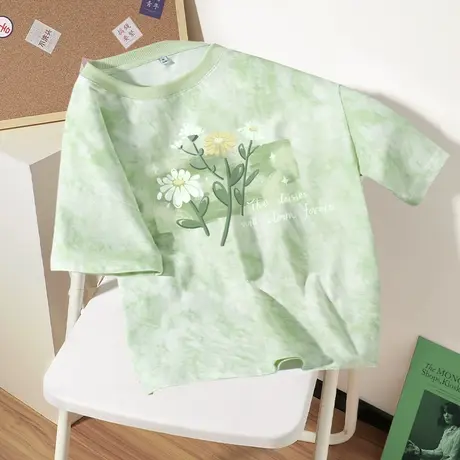 ZR真维斯纯棉扎染t恤女夏季新款 宽松流行设计感水绿色短袖女上衣图片
