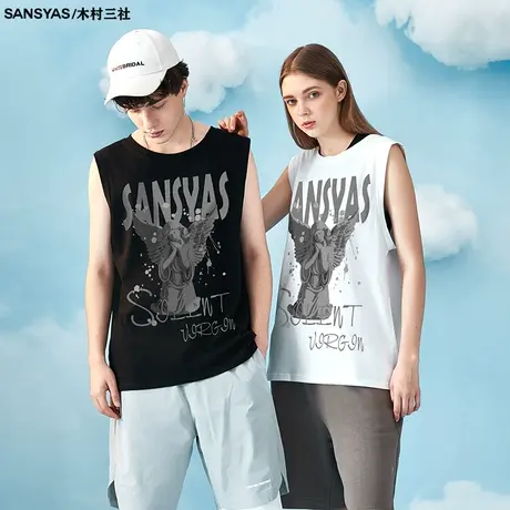 木村三社SANSYAS 雕像夏季男士坎肩t恤宽松无袖纯棉潮流运动背心图片