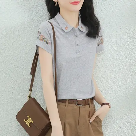 韩潮袭人质感polo领刺绣短袖t恤女夏季上衣宽松设计感正肩体恤衫图片