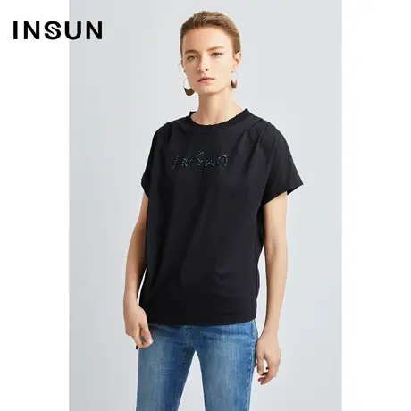 INSUN恩裳线上专选夏季侧抽绳休闲钉珠棉质T恤商品大图