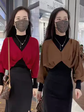 欧货洋气撞色拼接设计感半高领假两件长袖衬衫秋季时尚小香风上衣图片