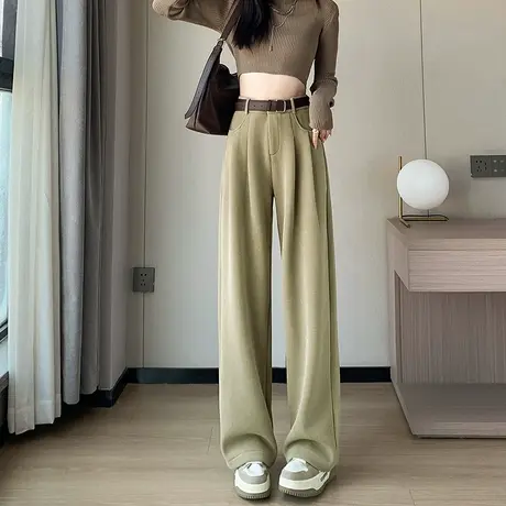 卡其色雪尼尔阔腿裤女秋冬2023新款高腰垂感显瘦欧棉绒窄版直筒裤图片