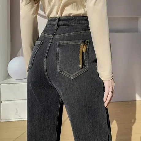 阔腿裤女士加绒牛仔裤女秋冬季新款2023年直筒宽松裤子小个子复古图片