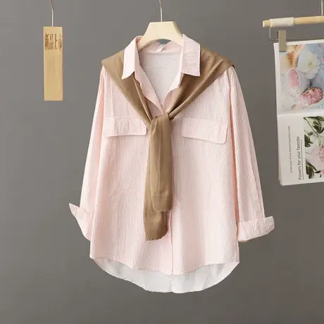 中长款条纹衬衫女翻领长袖2024早秋季新款慵懒风宽松休闲衬衣外套商品大图