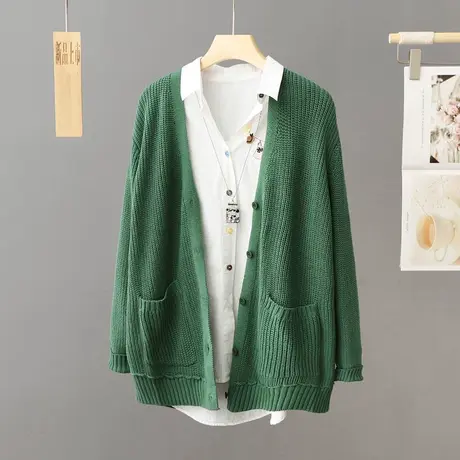 春秋2023新款绿色针织外套女毛衣开衫中长款宽松慵懒风高级感上衣图片