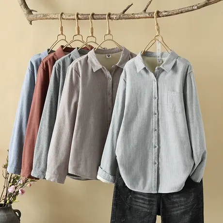 简约条纹宽松休闲保暖衬衫女2023年秋冬新款加绒加厚打底长袖衬衣图片