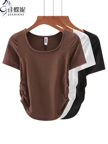夏季新款韩版圆领短款纯棉褶皱修身纯色纯欲短袖上衣内搭女T恤商品大图