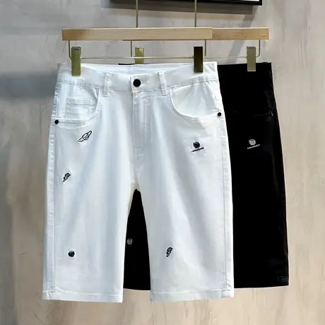 黑白色牛仔短裤男士潮牌夏天新款弹力个性刺绣修身百搭五分裤中裤图片