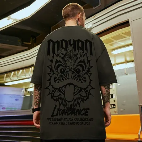 2024新款国潮中国风醒狮t恤胖子男ins短袖潮牌宽松夏季大码五分袖商品大图