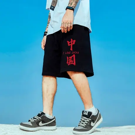 港风街头嘻哈胖子短裤男潮夏天薄款直筒五分裤潮牌运动裤大码裤子图片