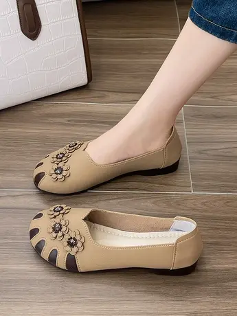 复古软皮镂空豆豆鞋女牛筋软底中老年平底防滑一脚蹬休闲妈妈单鞋商品大图