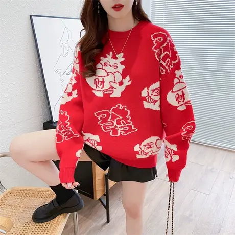 本命年红色女毛衣秋冬加厚打底毛衣2023年新款宽松洋气上衣过年穿商品大图