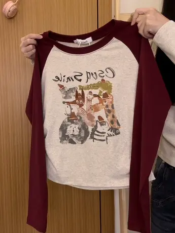 红续复古涂鸦卡通插肩长袖T恤女学院风修身加绒内搭上衣秋冬新款图片