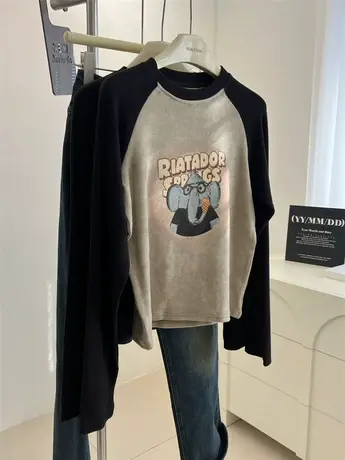 韩版复古chic圆领撞色插肩袖减龄可爱大象长袖T恤女修身打底衫秋图片