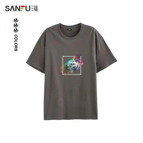 三福2023夏男士都市休闲圆领短袖  简约宽松T恤方框笔刷474703商品大图