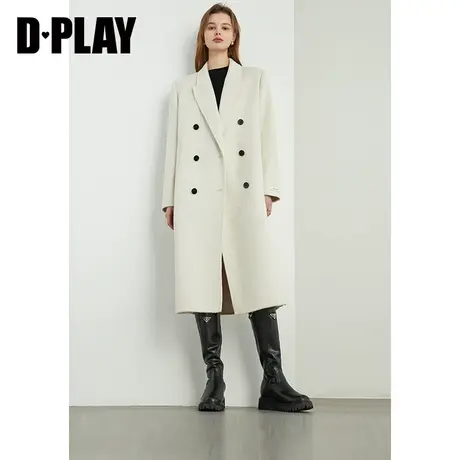 DPLAY2023冬轻奢气质通勤奶油杏双排扣廓形羊毛双面呢大衣外套图片