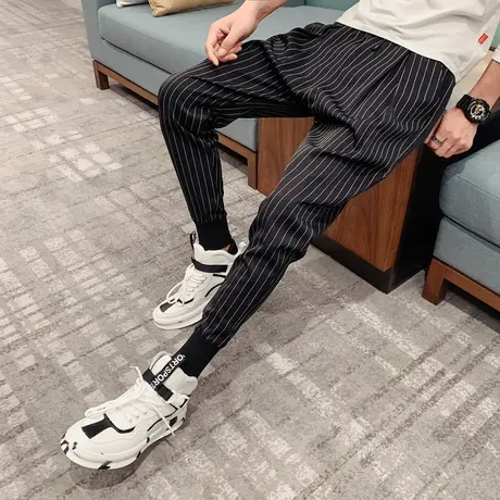 秋季新款潮男休闲个性哈伦裤条纹潮牌网红社会小伙潮流小脚裤裤子商品大图