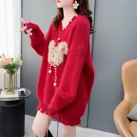 仿水貂新年红色V领毛衣女外穿秋冬设计感破洞甜美打底针织衫上衣图片