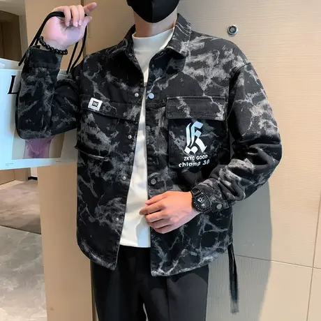 牛仔外套男春秋季迷彩印花修身复古高街潮牌痞帅工装夹克上衣休闲商品大图