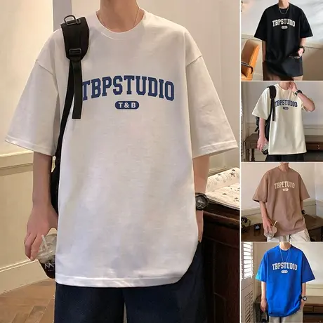 港风发泡印花短袖T恤男夏季2023新款宽松潮流情侣纯棉内搭打底衫t商品大图