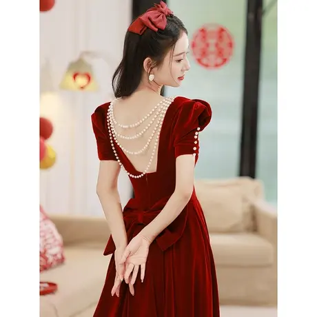 敬酒服新娘2024新款夏季女酒红色结婚订婚回门礼服蝴蝶结钉珠露背图片
