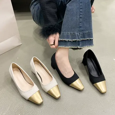 粗跟法式单鞋女2024春季新款韩版仙女小香风拼色气质中跟小高跟鞋商品大图