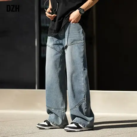 男士蓝色牛仔裤男春秋直筒宽松微喇老爹裤潮牌休闲裤子2024年新款商品大图
