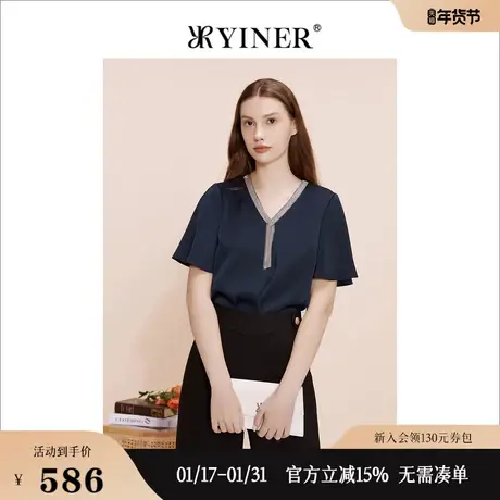 YINER音儿线上专选女装2023夏时尚短袖衬衫流苏通勤风V领上衣商品大图