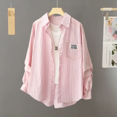 折皱泡泡袖洋气条纹衬衫女内搭宽松春秋薄外套早春衬衣设计感上衣图片