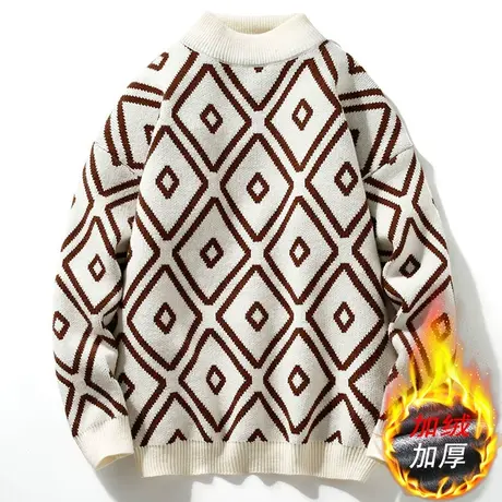 冬季新款格子休闲加绒加厚半高领毛衣男士韩版潮流针织打底衫线衣商品大图