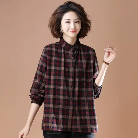 格子衬衫女长袖秋季新款大码女装上衣宽松显瘦纯棉百搭休闲女衬衣商品大图