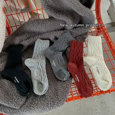 袜子女2023冬款复古加厚中筒袜原宿风时尚保暖灰纹粗线情侣堆堆袜商品大图