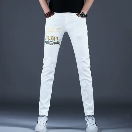 高级时尚白色牛仔裤男款2024新款春秋弹力裤子男小脚修身美式高街图片