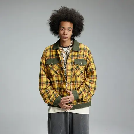 复古慵懒风拼接格子夹克男春秋季潮牌宽松情侣装美式街头短款外套图片