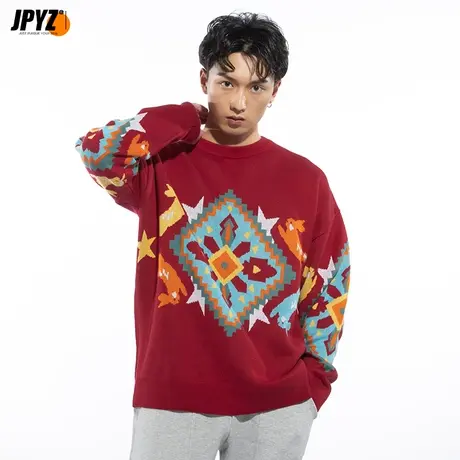 红色圆领毛衣男装冬季2022新款针织羊毛衫青少年秋冬中学生保暖衣商品大图