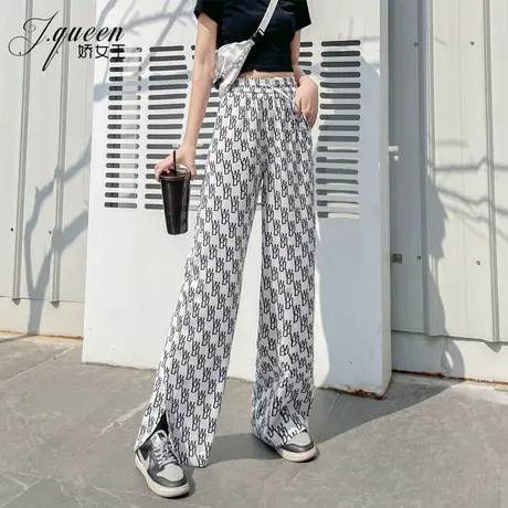 高腰阔腿裤女垂感夏季薄款复古印花休闲裤宽松直筒开叉拖地长裤子商品大图
