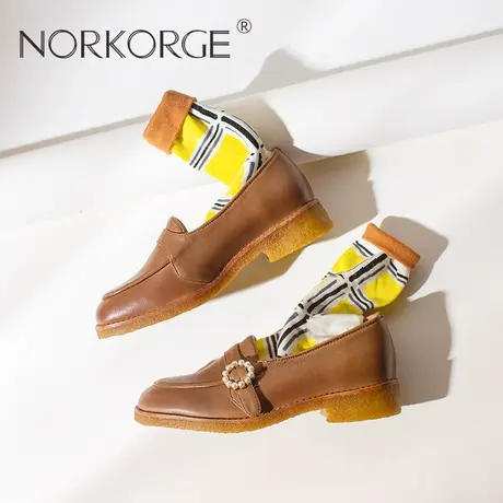 原创新款秋复古英伦杏色乐福鞋女鞋真皮圆头粗跟厚底小皮鞋单鞋女商品大图