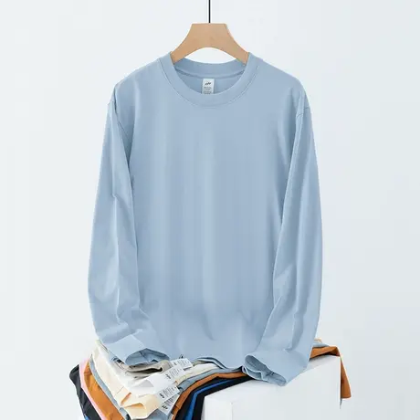 重磅纯棉长袖t恤男女宽松上衣服纯色打底衫圆领内搭秋衣全棉体恤商品大图