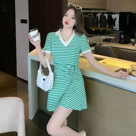 夏季新款大码polo领连衣裙女装胖mm宽松减龄休闲条纹T恤裙子200斤图片